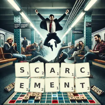 Creative illustration for a Scrabble game with the word SCARCEMENT spelled out in tiles on the board.