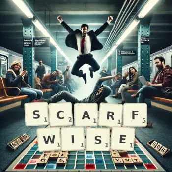 Creative illustration for a Scrabble game with the word SCARFWISE spelled out in tiles on the board.