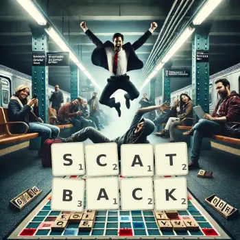 Creative illustration for a Scrabble game with the word SCATBACK spelled out in tiles on the board.