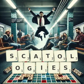 Creative illustration for a Scrabble game with the word SCATOLOGIES spelled out in tiles on the board.