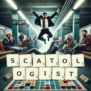Creative illustration for a Scrabble game with the word SCATOLOGIST spelled out in tiles on the board.