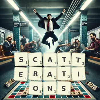 Creative illustration for a Scrabble game with the word SCATTERATIONS spelled out in tiles on the board.