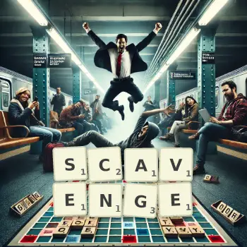 Creative illustration for a Scrabble game with the word SCAVENGE spelled out in tiles on the board.