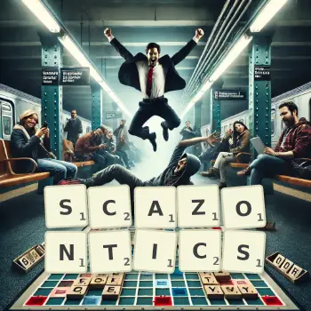 Creative illustration for a Scrabble game with the word SCAZONTICS spelled out in tiles on the board.