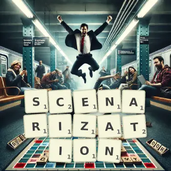 Creative illustration for a Scrabble game with the word SCENARIZATION spelled out in tiles on the board.