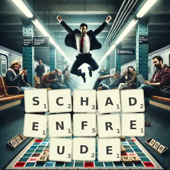 Creative illustration for a Scrabble game with the word SCHADENFREUDE spelled out in tiles on the board.