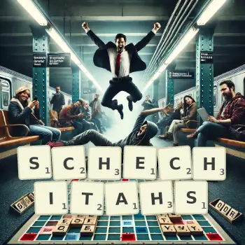 Creative illustration for a Scrabble game with the word SCHECHITAHS spelled out in tiles on the board.