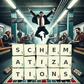 Creative illustration for a Scrabble game with the word SCHEMATIZATIONS spelled out in tiles on the board.