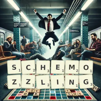 Creative illustration for a Scrabble game with the word SCHEMOZZLING spelled out in tiles on the board.