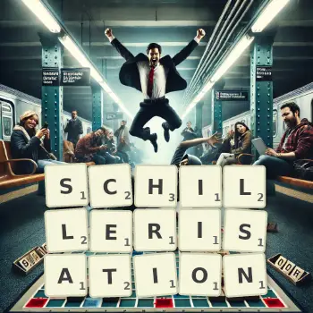 Creative illustration for a Scrabble game with the word SCHILLERISATION spelled out in tiles on the board.