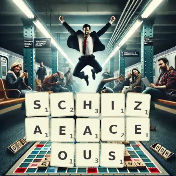 Creative illustration for a Scrabble game with the word SCHIZAEACEOUS spelled out in tiles on the board.