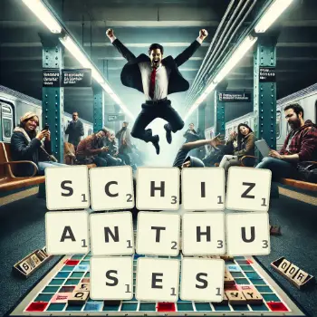 Creative illustration for a Scrabble game with the word SCHIZANTHUSES spelled out in tiles on the board.