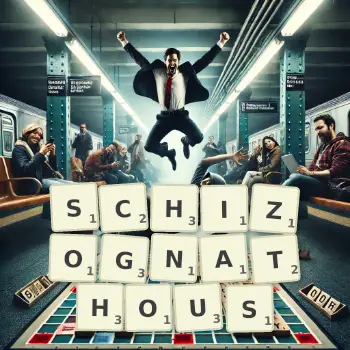 Creative illustration for a Scrabble game with the word SCHIZOGNATHOUS spelled out in tiles on the board.