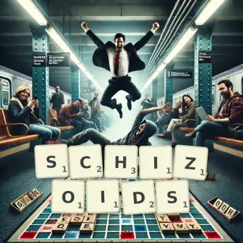 Creative illustration for a Scrabble game with the word SCHIZOIDS spelled out in tiles on the board.