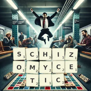 Creative illustration for a Scrabble game with the word SCHIZOMYCETIC spelled out in tiles on the board.