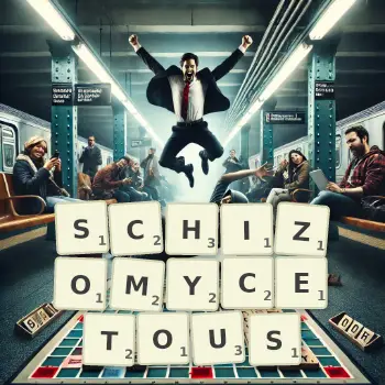 Creative illustration for a Scrabble game with the word SCHIZOMYCETOUS spelled out in tiles on the board.