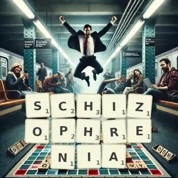 Creative illustration for a Scrabble game with the word SCHIZOPHRENIA spelled out in tiles on the board.