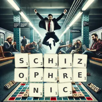 Creative illustration for a Scrabble game with the word SCHIZOPHRENIC spelled out in tiles on the board.