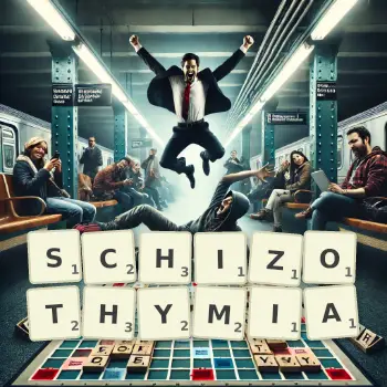Creative illustration for a Scrabble game with the word SCHIZOTHYMIA spelled out in tiles on the board.
