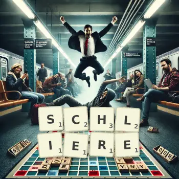 Creative illustration for a Scrabble game with the word SCHLIERE spelled out in tiles on the board.