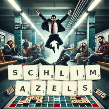Creative illustration for a Scrabble game with the word SCHLIMAZELS spelled out in tiles on the board.