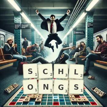 Creative illustration for a Scrabble game with the word SCHLONGS spelled out in tiles on the board.