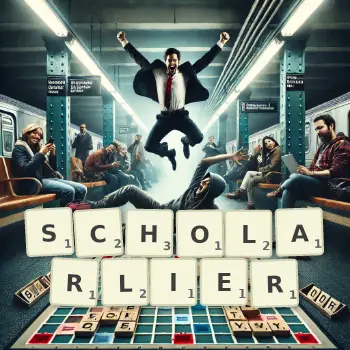 Creative illustration for a Scrabble game with the word SCHOLARLIER spelled out in tiles on the board.