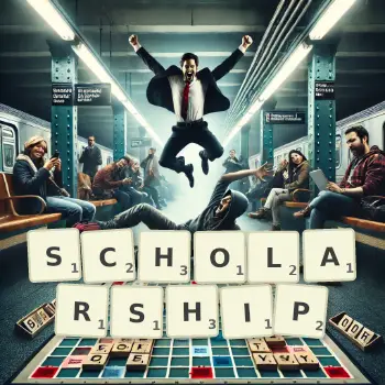 Creative illustration for a Scrabble game with the word SCHOLARSHIP spelled out in tiles on the board.