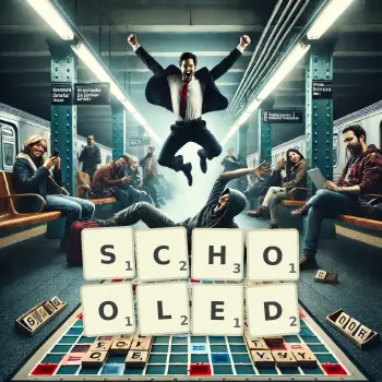 Creative illustration for a Scrabble game with the word SCHOOLED spelled out in tiles on the board.