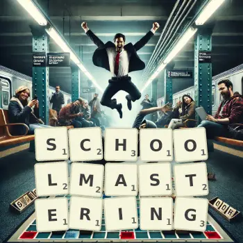Creative illustration for a Scrabble game with the word SCHOOLMASTERING spelled out in tiles on the board.