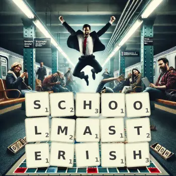 Creative illustration for a Scrabble game with the word SCHOOLMASTERISH spelled out in tiles on the board.