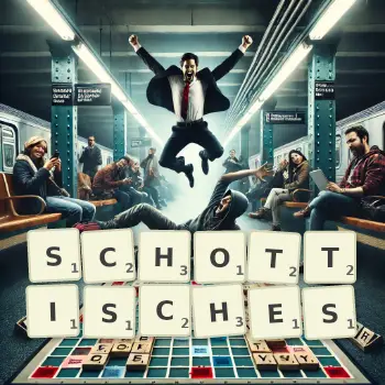 Creative illustration for a Scrabble game with the word SCHOTTISCHES spelled out in tiles on the board.