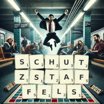 Creative illustration for a Scrabble game with the word SCHUTZSTAFFELS spelled out in tiles on the board.