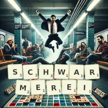 Creative illustration for a Scrabble game with the word SCHWARMEREI spelled out in tiles on the board.