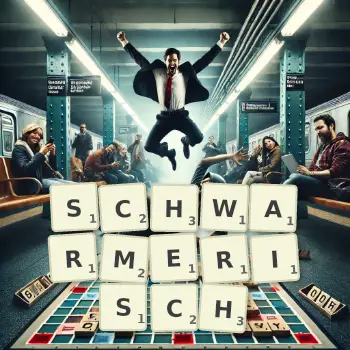 Creative illustration for a Scrabble game with the word SCHWARMERISCH spelled out in tiles on the board.
