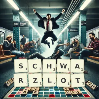 Creative illustration for a Scrabble game with the word SCHWARZLOT spelled out in tiles on the board.
