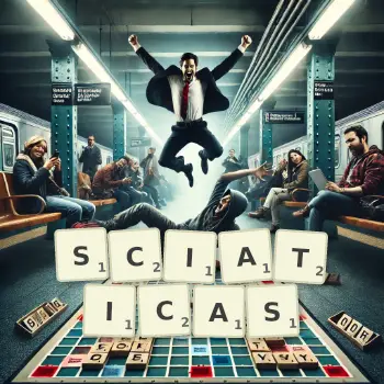 Creative illustration for a Scrabble game with the word SCIATICAS spelled out in tiles on the board.