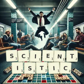 Creative illustration for a Scrabble game with the word SCIENTISTIC spelled out in tiles on the board.