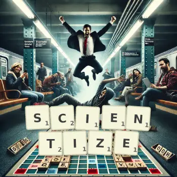 Creative illustration for a Scrabble game with the word SCIENTIZE spelled out in tiles on the board.