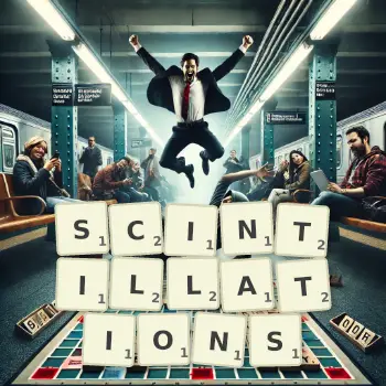 Creative illustration for a Scrabble game with the word SCINTILLATIONS spelled out in tiles on the board.