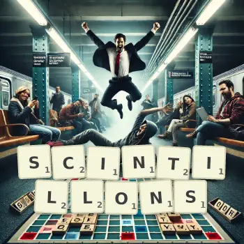 Creative illustration for a Scrabble game with the word SCINTILLONS spelled out in tiles on the board.