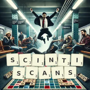 Creative illustration for a Scrabble game with the word SCINTISCANS spelled out in tiles on the board.