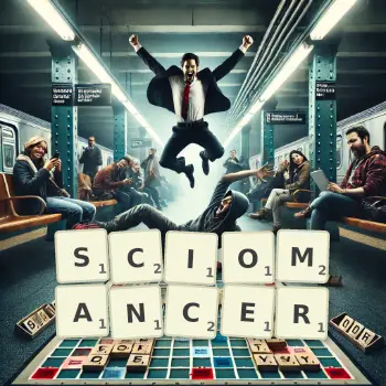 Creative illustration for a Scrabble game with the word SCIOMANCER spelled out in tiles on the board.