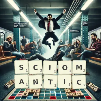 Creative illustration for a Scrabble game with the word SCIOMANTIC spelled out in tiles on the board.