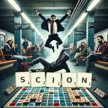 Creative illustration for a Scrabble game with the word SCION spelled out in tiles on the board.