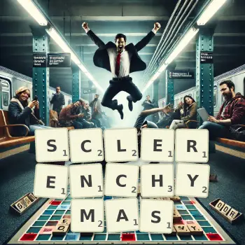 Creative illustration for a Scrabble game with the word SCLERENCHYMAS spelled out in tiles on the board.