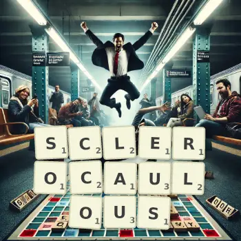 Creative illustration for a Scrabble game with the word SCLEROCAULOUS spelled out in tiles on the board.