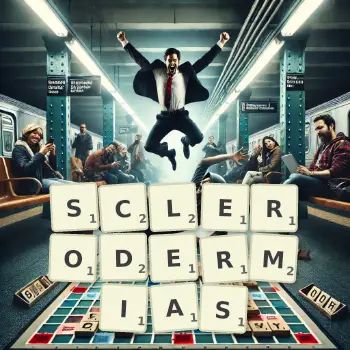Creative illustration for a Scrabble game with the word SCLERODERMIAS spelled out in tiles on the board.