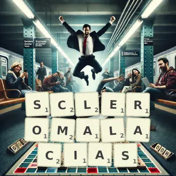 Creative illustration for a Scrabble game with the word SCLEROMALACIAS spelled out in tiles on the board.