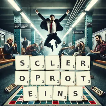 Creative illustration for a Scrabble game with the word SCLEROPROTEINS spelled out in tiles on the board.